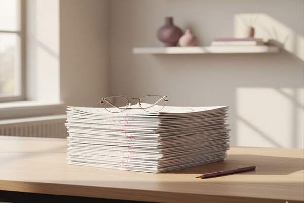 a pile of papers on a desk