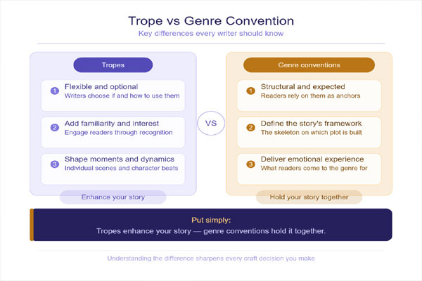 Difference between trope and genre convention for writers